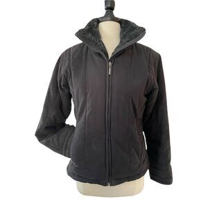Columbia Sz M Women Black Faux suede Puffer Quilted Jacket w Faux Fur collar‎
